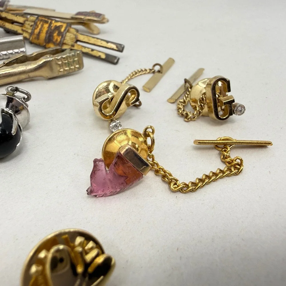 Vintage Mens Jewelry Lot of 26 Cufflinks Tie‎ Clips Pins Rhinestone Vintage